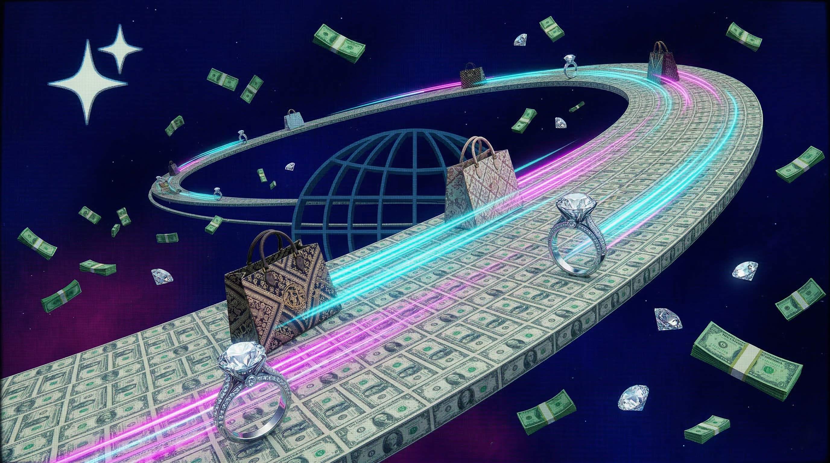 Luxury goods on a dollar bill spiral runway in space with neon light trails